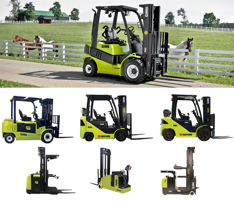 several images of clark forklifts and other material handling equipment